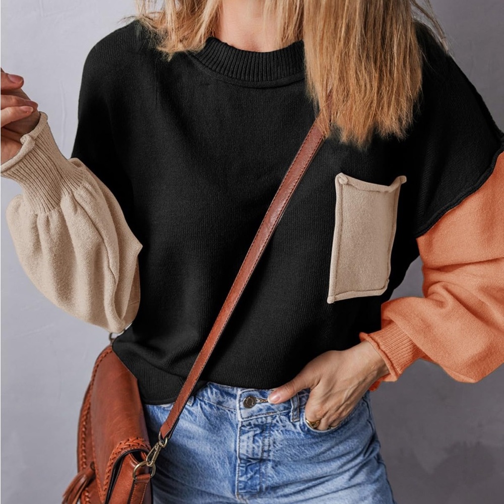 Dokotoo Colorblock Balloon Sleeve Knit Sweater Medium Black Cream Peach Pocket B